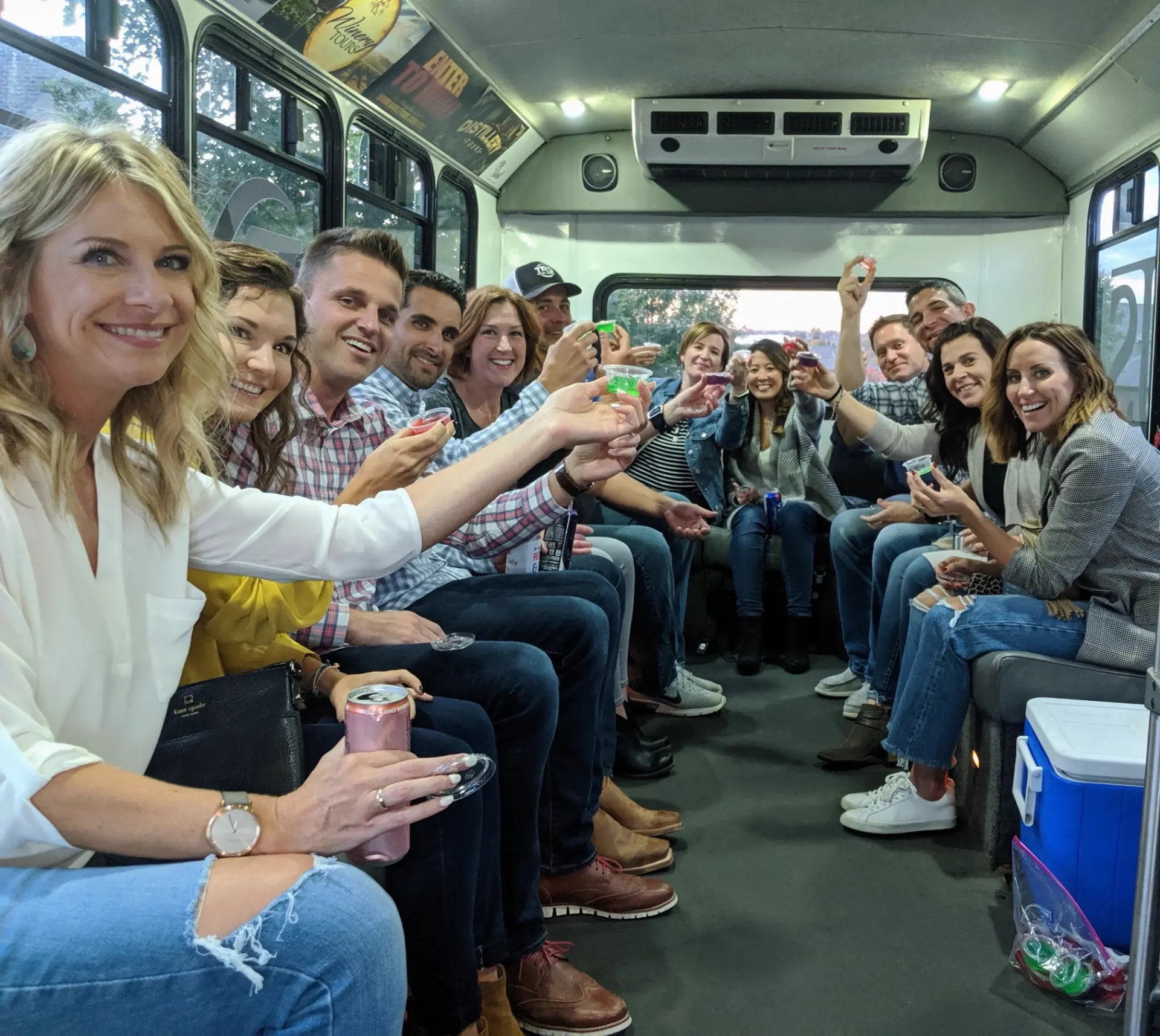 A real Barley Bus group toasting together on board
