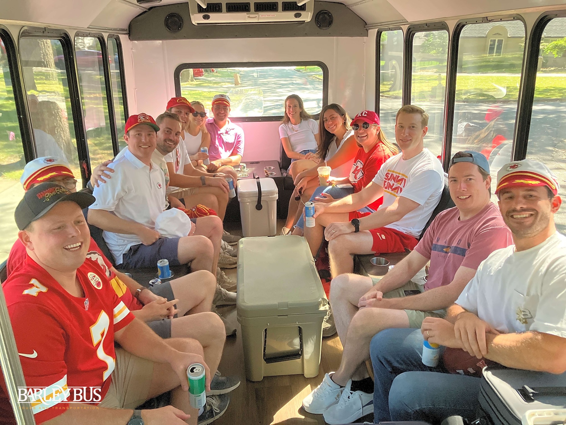Chiefs fans inside the Barley Bus with coolers and drinks