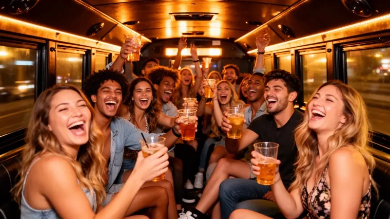 Private event group celebrating on a Barley Bus