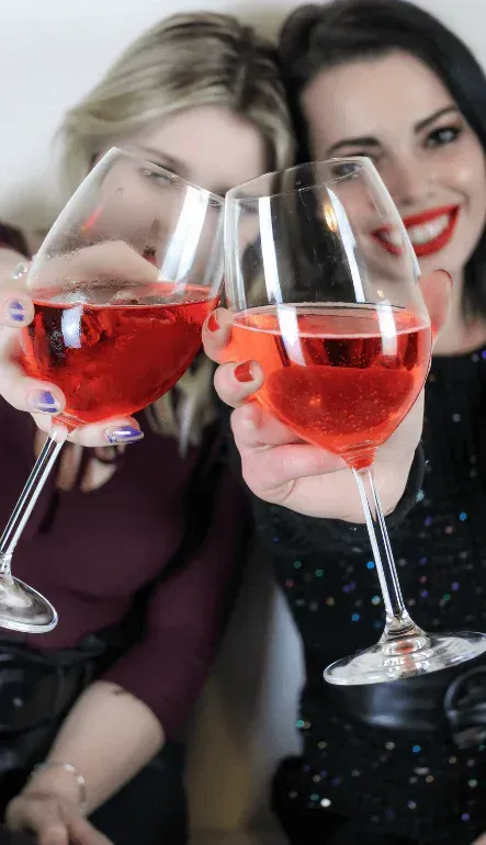 Two women toasting with wine on a Barley Bus winery tour